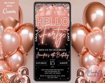 Invitación para fiesta de cumpleaños número 40 con globos de neón rosa y dorado brillante, plantilla editable, descarga instantánea, para teléfono