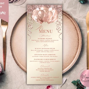 Editable Elegant Rose Gold Glitter Balloons Birthday Dinner Menu Card Template, Printable Event Menu and Drink Card, Instant Download