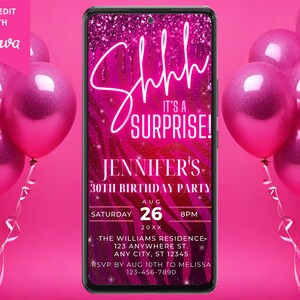 Digital Shhh Es una invitación sorpresa a la fiesta de purpurina con estampado animal de neón rosa, evita el teléfono electrónico, plantilla editable, descarga instantánea