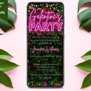Electronic Galentine's Day Party Invitation, Digital Valentine's Day Evite, Pink Neon Greenery Floral, Editable Template, Instant Download