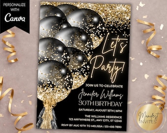 Invitación editable "Let's Party" con globos negros y dorados brillantes, tarjeta de cumpleaños imprimible, plantilla de Canva, descarga instantánea.