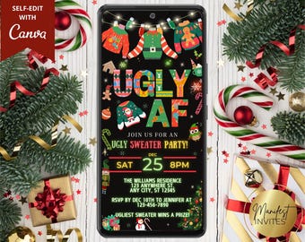 May include: A smartphone screen displays a festive invitation for an "Ugly Sweater Party" with colorful text and sweater graphics. The invitation includes event details and RSVP information, surrounded by Christmas decorations like candy canes and ornaments.