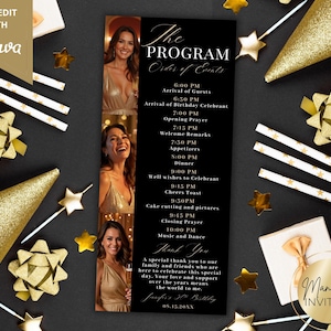 May include: A black and gold birthday party program featuring the text "The Program" and an event schedule. The design incorporates images of a woman in a gold dress, gold stars, and decorative elements. The text "Manifest Invites" is also visible.