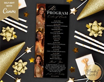Könnte beinhalten: Schwarzes und goldenes Geburtstagsprogramm mit dem Text "The Program" und Veranstaltungsdetails. Das Design umfasst Fotos einer Frau in einem goldenen Kleid, goldene Sterne und dekorative Elemente. Der Text "Manifest Invites" ist ebenfalls vorhanden.