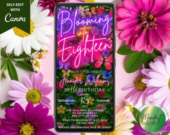 Digital Blooming into Eighteen 18th Birthday Party Invitation, Neon Colorful Floral Butterfly Greenery, Phone Evite, Editable Canva Template