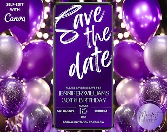 Invitación digital moderna y elegante para guardar la fecha en morado, para cumpleaños, graduación, mensaje de texto para teléfono, plantilla editable, descarga instantánea
