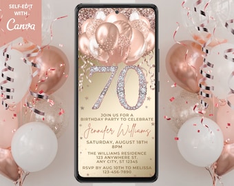 Digital 70th Birthday Diamond Pink Rose Gold Balloons Party Invitation, Electronic Phone Evite, Editable Template, Instant Download, RGD7