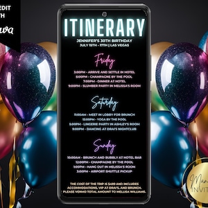 Digital Rainbow Neon Birthday Weekend Trip Itinerary Invitation, Schedule Travel Details, Phone Evite, Editable Template, Instant Download