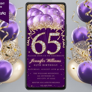 Digital 65. Geburtstag Party Lila Gold Diamant Glitter Ballon-Einladung, elektronischer Telefontext Evite, bearbeitbare Vorlage, sofortiger Download