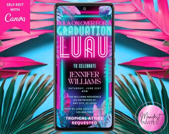 Puede incluir: Una invitación digital para un luau de graduación con un diseño en rosa y azul neón. El texto dice "Hula on over for a Graduation Luau" para celebrar a Jennifer Williams el sábado 21 de junio a las 8 pm. La residencia Williams se encuentra en 123 Anywhere St., Any City, ST 12345. RSVP antes del 10 de junio a Melissa al 123-456-7890. Se solicita vestimenta tropical.