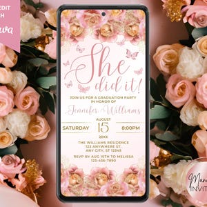 Digital sie hat es gemacht Rosa Gold Blumen Graduierung Einladung, Grad Brunch, Telefon Text Evite, bearbeitbare Vorlage, Sofort Download, BP59