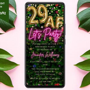 Digital Twenty Nine AF 29th Birthday Party Invitation, Electronic Phone Text Evite, Floral Greenery, Editable Template, Instant Download