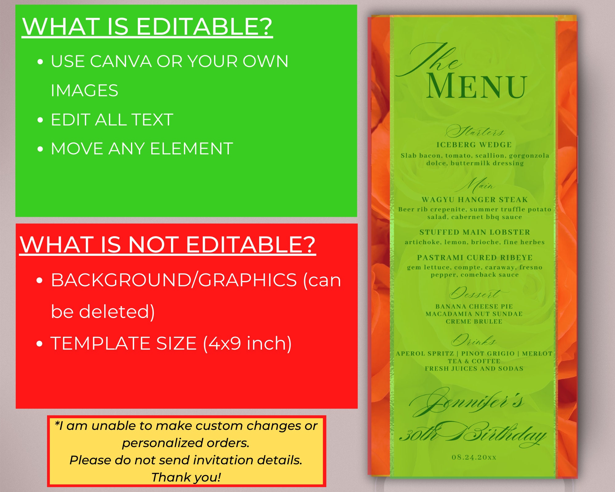 Editable Yellow Floral Dinner Menu Card Template, Printable Event Menu ...