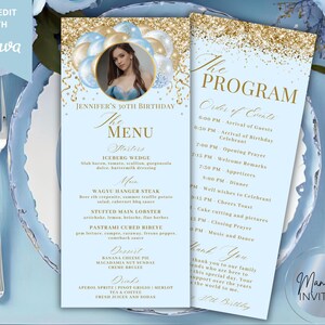 Editable Light Blue Gold Glitter Balloons Menu Program and Thank You Photo Card, Birthday or Baby Shower Decor, Printable Canva Template