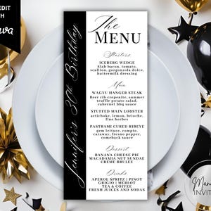 Editable Modern Black and White Birthday Dinner Menu Card, Custom Event Party Menu, Elegant Table Setting Decor, Printable Canva Template