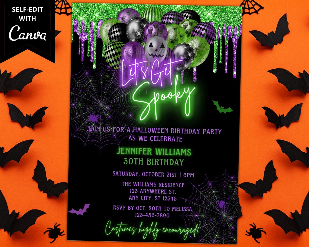 Editable Halloween Birthday Party Invitation, Printable Invite, Neon ...