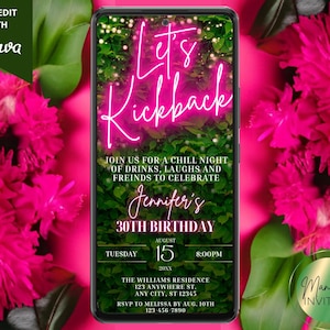 Digital Let&#39;s Kickback Pink Neon Greenery Birthday Party Invitation, Electronic Phone Text Evite, Editable Canva Template, Instant Download