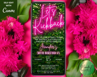 Invitación para fiesta de cumpleaños digital Let's Kickback con neón rosa, texto electrónico para teléfono, Plantilla de Canva editable, Descarga instantánea
