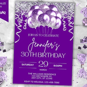 Editable Purple Silver Glitter Balloons Birthday Party Invitation, Printable Card and Phone Text Evite, Editable Template, Instant Download