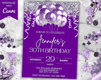 Editable Purple Silver Glitter Balloons Birthday Party Invitation, Printable Card and Phone Text Evite, Editable Template, Instant Download