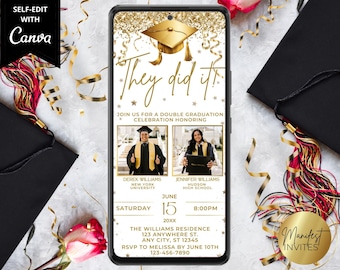 Digital Double Graduation Party They Did It White Gold Photo Invitation, 2 Person Party, Text Evite, Editable Template, Instant Download