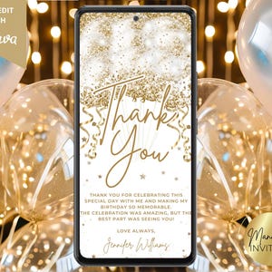 Balões digitais elegantes com glitter dourado branco, convite glamouroso de agradecimento, formatura de aniversário, modelo editável, texto para evitar, download instantâneo