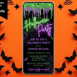 Digitale Halloween-Party-Einladung, elektronische Halloween-Text-Evite, Neon-Lila-Grün-Spinnennetz-Fledermäuse, bearbeitbare Vorlage, Sofortiger Download