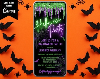 Digital Halloween Party Invitation, Electronic Halloween Text Evite, Neon Purple Green Spiderweb Bats, Editable Template, Instant Download