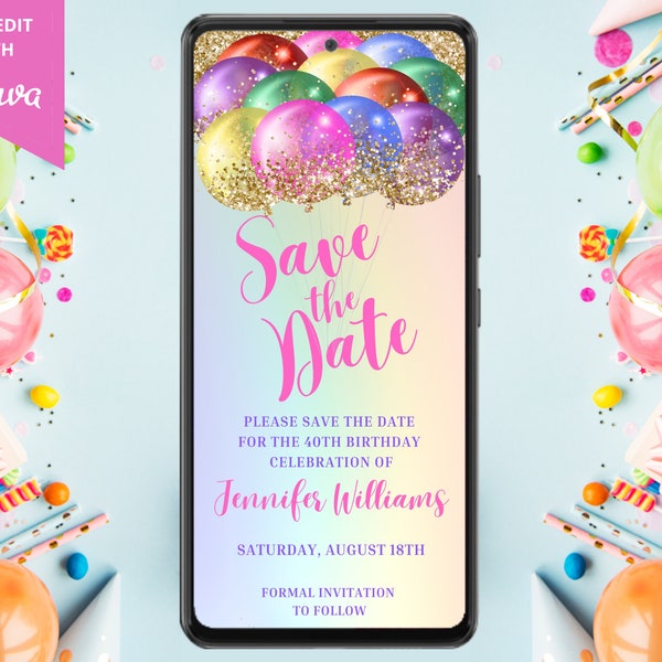 Digital Rainbow Birthday Save the Date Invitation, Electronic Text Message Evite, Colorful Balloons, Editable Template, Instant Download