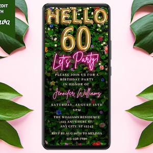 Digital Hello Sixty 60th Birthday Party Invitation, Electronic Text Message Evite, Floral Greenery, Editable Template, Instant Download