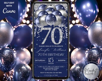 May include: A digital 70th birthday invitation template on a smartphone screen featuring navy blue and silver balloons, silver glitter accents, and the text: Please join us to celebrate Jennifer Williams 70th birthday, Saturday 15 August 8:00PM.
