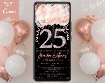 Invito alla festa digitale con palloncini di diamanti in oro rosa rosa per 25° compleanno, telefono elettronico Evite, modello modificabile, download istantaneo, RGB3