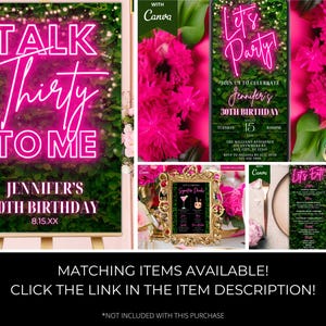 May include: A neon pink sign reading "Talk Thirty To Me" for Jennifer's 30th birthday, surrounded by foliage and lights. Other images show a phone invitation, a framed drinks menu, and a menu card.