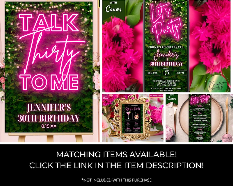 May include: A neon pink sign reading "Talk Thirty To Me" for Jennifer's 30th birthday, surrounded by foliage and lights. Other images show a phone invitation, a framed drinks menu, and a menu card.