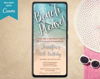 Digital Birthday Tropical Beach Birthday Party Invitation, Electronic Text Message Evite, Beach Please, Editable Template, Instant Download