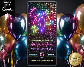 Digital Neon Glow Rainbow Save the Date Birthday Party Invitation, Any Occasion, Phone Text Evite, Editable Canva Template, Instant Download