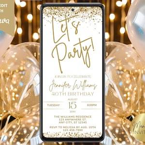 Digital Let&#39;s Party White Gold Glitter Simple Minimalist Birthday Invitation, Electronic Phone Evite, Editable Template, Instant Download