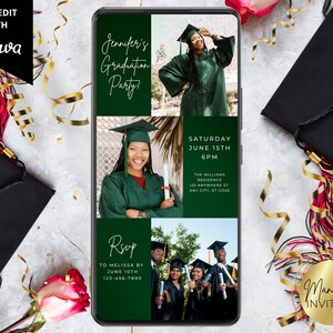 Digital Modern Graduation Party Photo Green Invitation, Phone Text Evite, Graduation Announcement, Editable Template, Instant Download