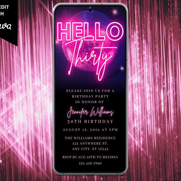 Digital Hello Thirty 30th Birthday Invitation, Electronic Birthday Party Invite, Pink Neon Disco Ball, Editable Template, Instant Download