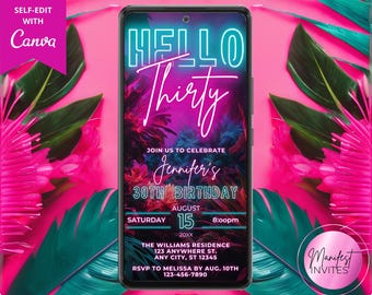 Invitación digital para fiesta de cumpleaños número 30, diseño tropical, neón, rosa y verde azulado, en la jungla, plantilla editable de Canva, descarga instantánea