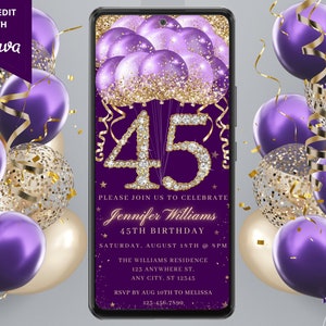 Digital 45th Birthday Party Purple Gold Diamond Glitter Balloon Invitation, Electronic Phone Text Evite, Editable Template, Instant Download