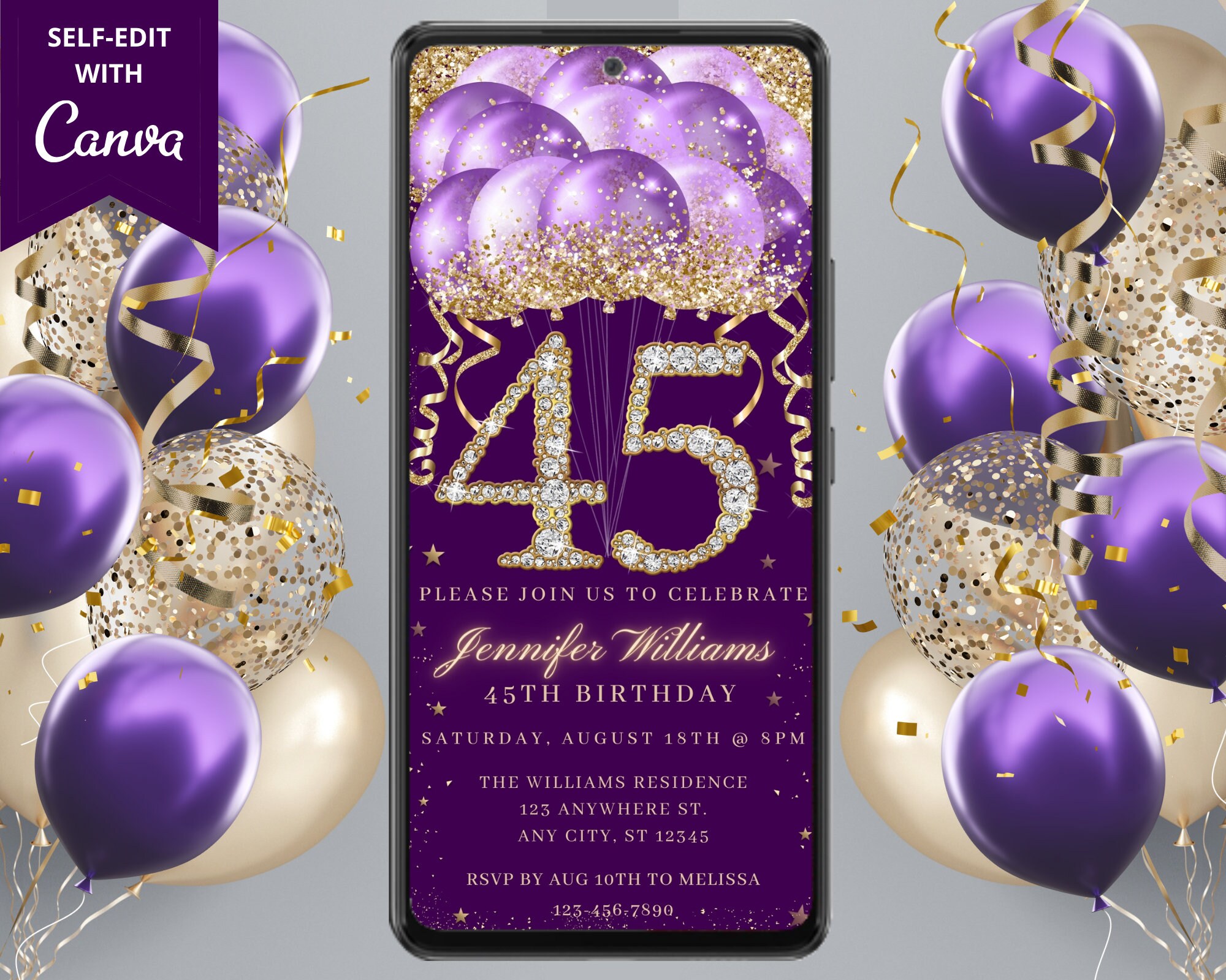 Digital 45th Birthday Party Purple Gold Diamond Glitter Balloon ...