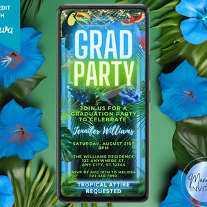 Digital Tropical Blue Neon Graduation Party Invitation, Luau BBQ, Grad Announcement, Phone Text Evite, Editable Template, Instant Download