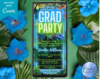 Puede incluir: Una invitación a una fiesta de graduación con temática tropical con un esquema de color azul y verde. El texto dice "GRAD PARTY" en una fuente verde neón. La invitación incluye la fecha, la hora, la ubicación y la información de RSVP. El texto "TROPICAL ATTIRE REQUESTED" también está incluido.