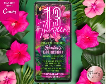 May include: A pink and green tropical themed birthday invitation for a 13th birthday party. The invitation features a pink flamingo, toucan, and tropical leaves. The text on the invitation reads "Join us to celebrate Jennifer's 13th Birthday, Saturday, August 21st, 8pm, The Williams Residence, 123 Anywhere St., Any City, ST 12345, RSVP by Aug 10th to Melissa 123-456-7890, Tropical Attire Requested".