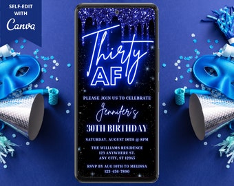 Faire-part 30e anniversaire numérique AF, message texte par téléphone électronique Evite, goutte de paillettes bleu néon, modèle modifiable, téléchargement immédiat
