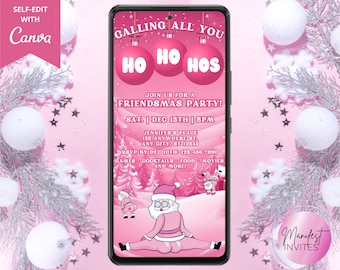 May include: Pink and white digital invitation with a Santa Claus illustration. The invitation reads "Calling all you Ho Ho Hos! Join us for a Friendsmas Party! Sat. | Dec 15th | 8pm Jennifer's Place 123 Anywhere St. Any City, 8T 12345 RSVP by Dec 10th: 123-456-7890 Games - Cocktails - Food - Movies and More!"