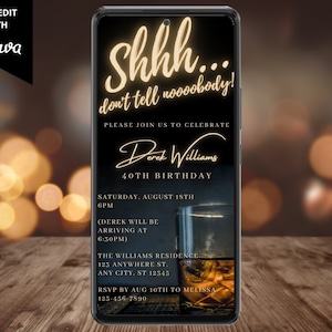 Digital Men&#39;s Surprise Birthday Invitation, Electronic Phone Text Email Evite, Shhh Funny, Whiskey, Editable Template, Instant Download WM42
