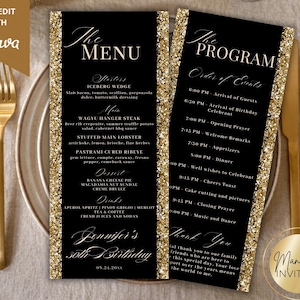 Modelo de cartão de programa e menu de aniversário elegante e editável com glitter preto e dourado, ordem de eventos, cartão de agradecimento, para impressão, download instantâneo