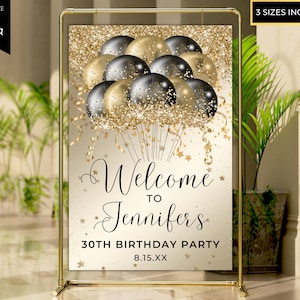 Black Gold Glitter Balloons Printable Welcome Sign, Birthday Party Sign, Graduation Sign, Entrance Sign, Editable Template, Instant Download